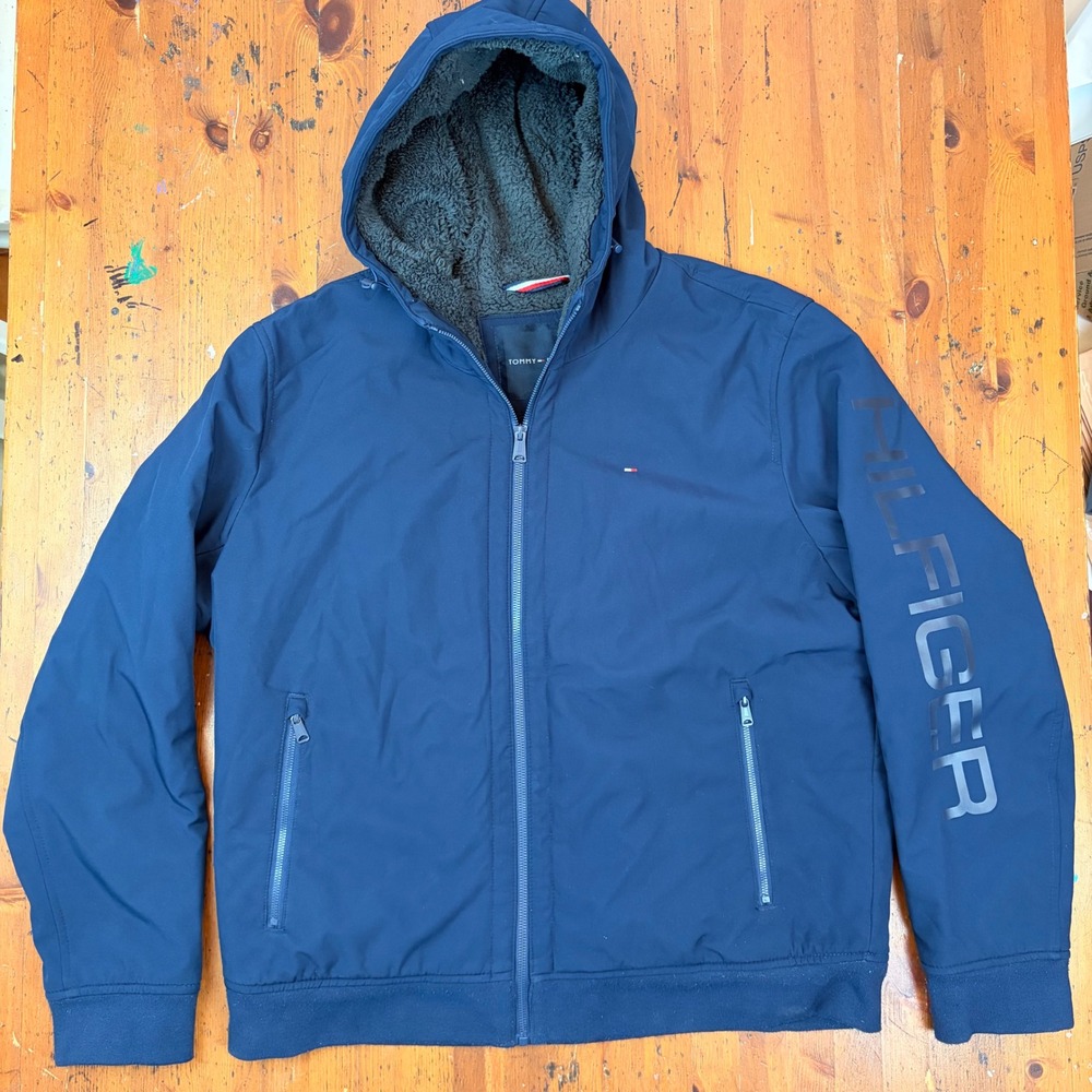 Tommy Hilfiger Mens Navy Sherpa Lined Hooded Softshell Bomber Jacket XL Arm Hit